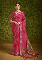 Rani Pink Rasian Silk  Bandhani Printed Saree